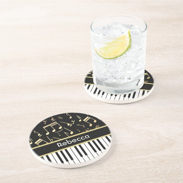 Musical Notes and Piano Keys Black and Gold Coaster (Side)