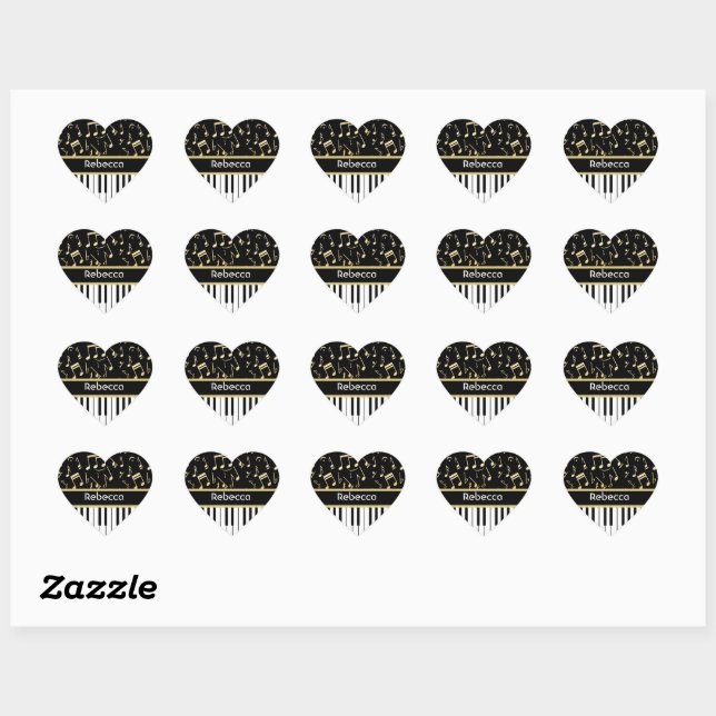 Musical Notes and Piano Keys Black and Gold Heart Sticker (Sheet)