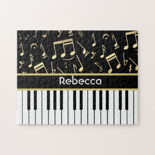Musical Notes and Piano Keys Black and Gold Jigsaw Puzzle