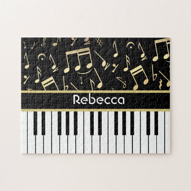 Musical Notes and Piano Keys Black and Gold Jigsaw Puzzle (Horizontal)