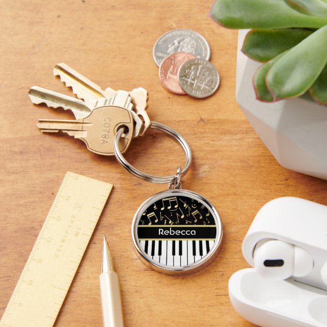 Musical Notes and Piano Keys Black and Gold Keychain (Desk)