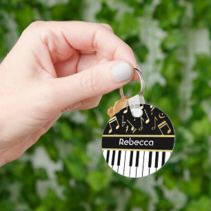 Musical Notes and Piano Keys Black and Gold Keychain