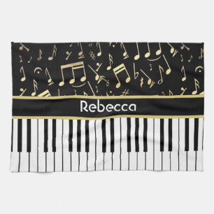 Musical Notes and Piano Keys Black and Gold Kitchen Towel
