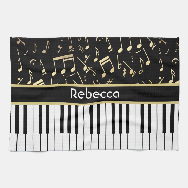 Musical Notes and Piano Keys Black and Gold Kitchen Towel (Horizontal)