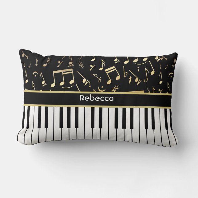Musical Notes and Piano Keys Black and Gold Lumbar Pillow (Front)