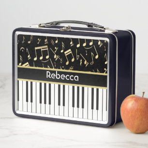 Musical Notes and Piano Keys Black and Gold Metal Lunch Box