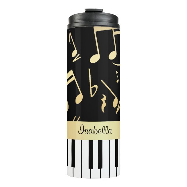 Musical Notes and Piano Keys Black and Gold Thermal Tumbler (Front)