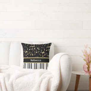 Musical Notes and Piano Keys Black and Gold Throw Pillow
