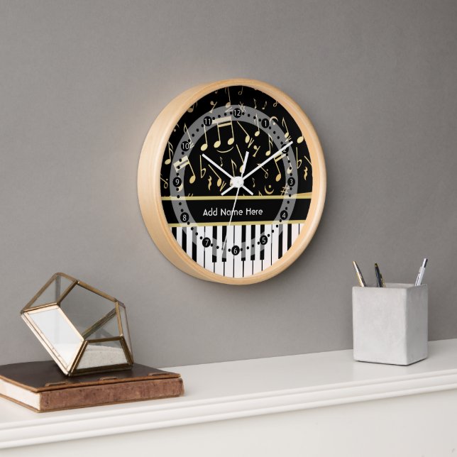 Musical Notes and Piano Keys Black and Gold Wall Clock (Office)