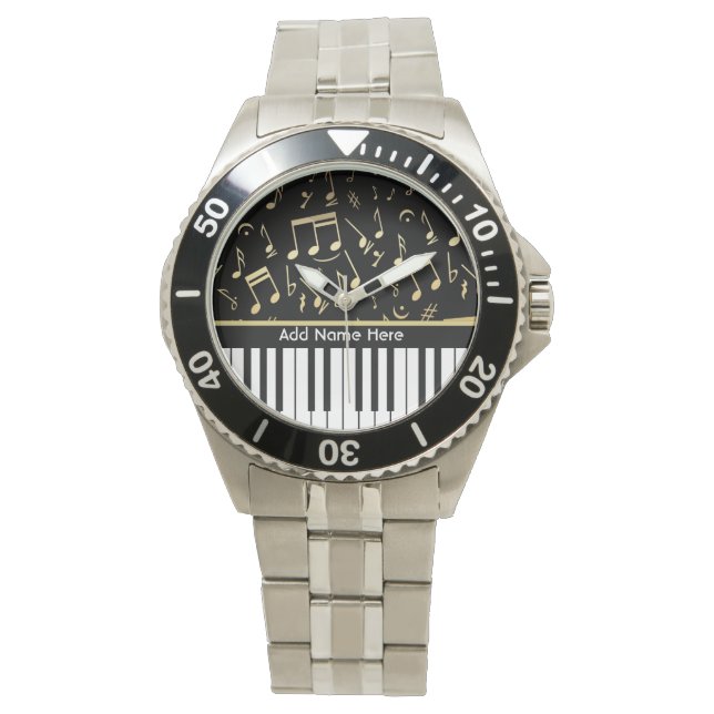 Musical Notes and Piano Keys Black and Gold Watch (Front)