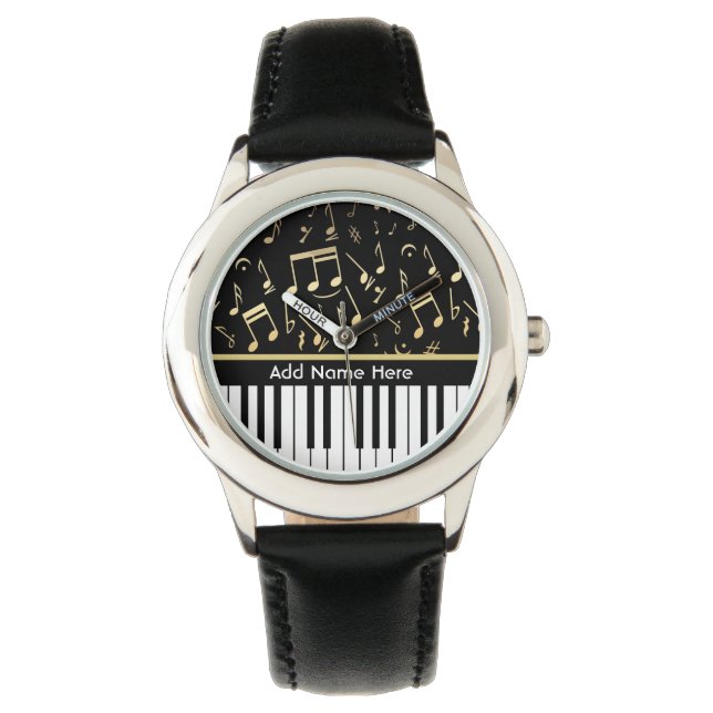 Musical Notes and Piano Keys Black and Gold Watch (Front)