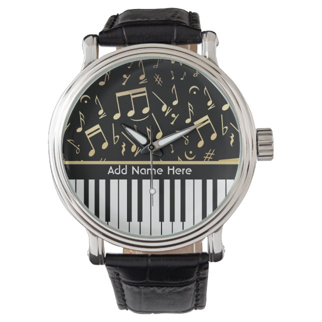 Musical Notes and Piano Keys Black and Gold Watch (Front)