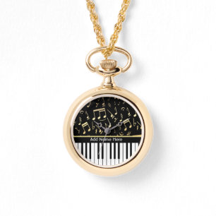 Musical Notes and Piano Keys Black and Gold Watch