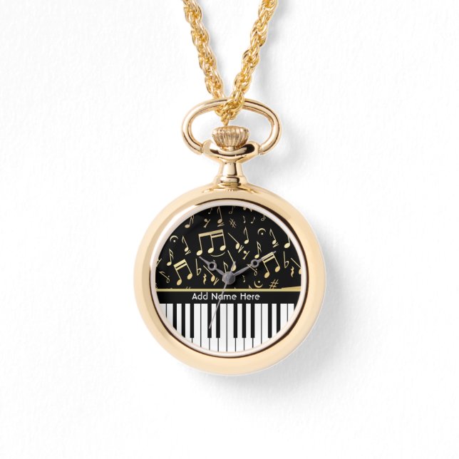Musical Notes and Piano Keys Black and Gold Watch (Front)