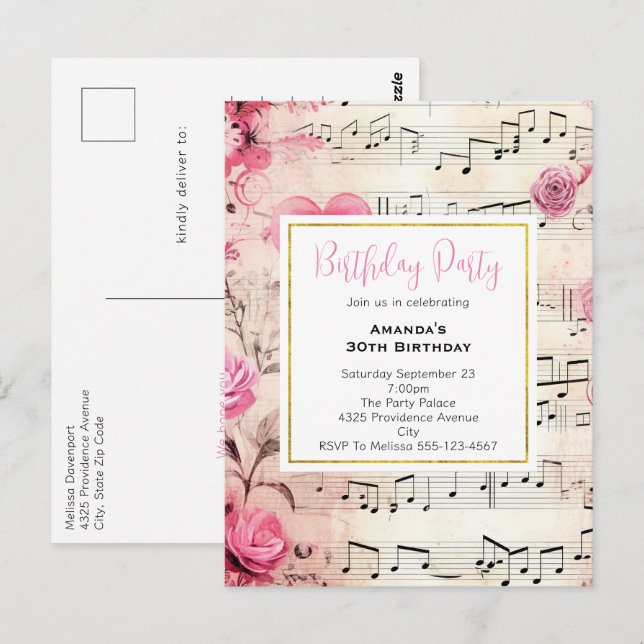 Musical Notes and Roses Vintage Birthday Invite Postcard (Front/Back)