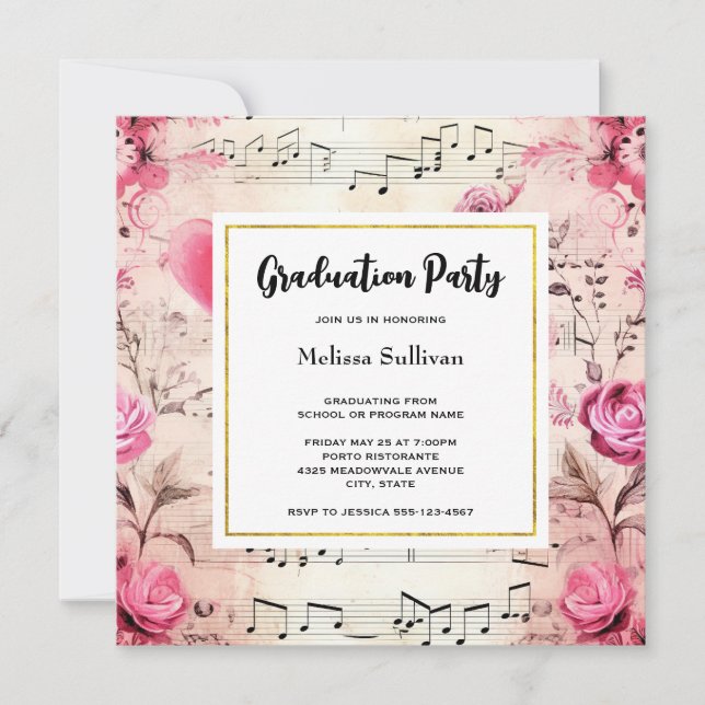 Musical Notes and Roses Vintage Design Graduation Invitation (Front)