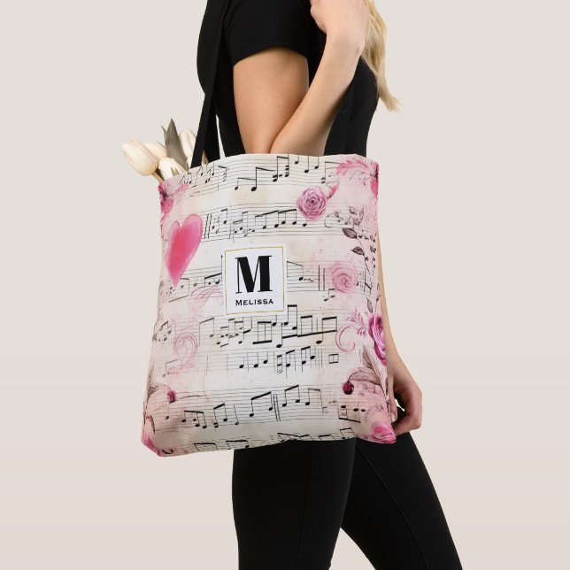 Musical Notes and Roses Vintage Design Monogram Tote Bag (Close Up)