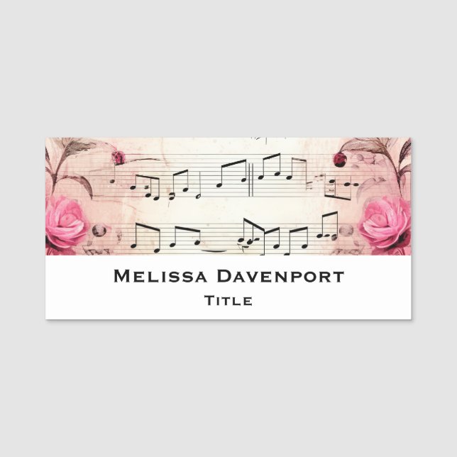 Musical Notes and Roses Vintage Design Name Tag (Front)