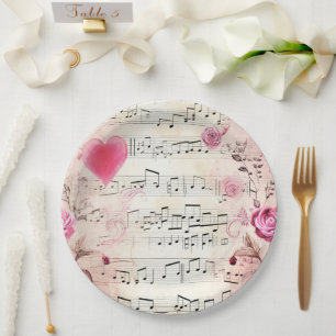 Musical Notes and Roses Vintage Design Paper Plate