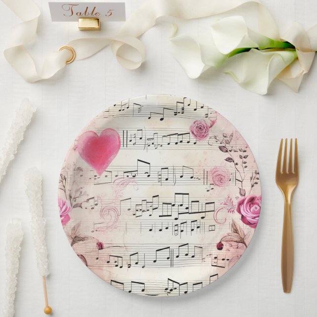 Musical Notes and Roses Vintage Design Paper Plate (Wedding)