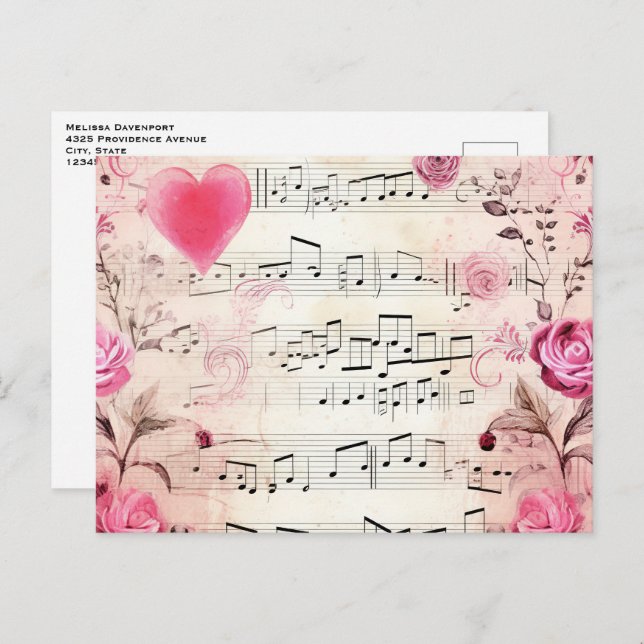  Musical Notes and Roses Vintage Design Postcard (Front/Back)