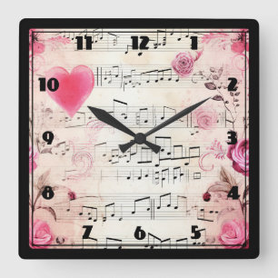 Musical Notes and Roses Vintage Design Square Wall Clock
