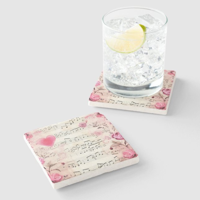 Musical Notes and Roses Vintage Design Stone Coaster (Side)