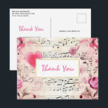 Musical Notes and Roses Vintage Design Thank You Postcard<br><div class="desc">Thank you postcard with a elegant and nostalgic design. Music sheet decorated with a big pink heart and pink roses and wildflowers around the edges.</div>