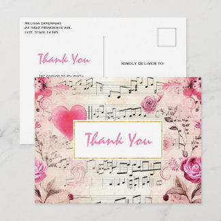 Musical Notes and Roses Vintage Design Thank You Postcard