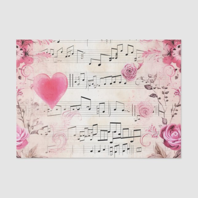 Musical Notes and Roses Vintage Design Tissue Paper (Front)