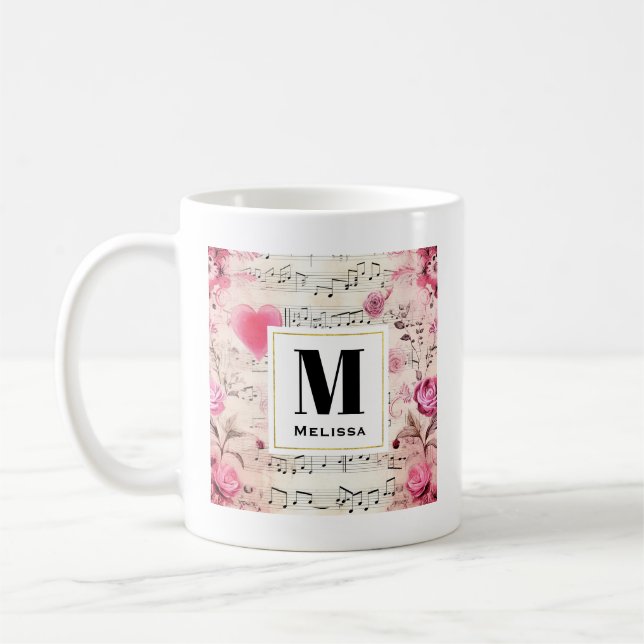 Musical Notes and Roses Vintage Monogram Coffee Mug (Left)