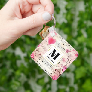 Musical Notes and Roses Vintage Monogram Keychain