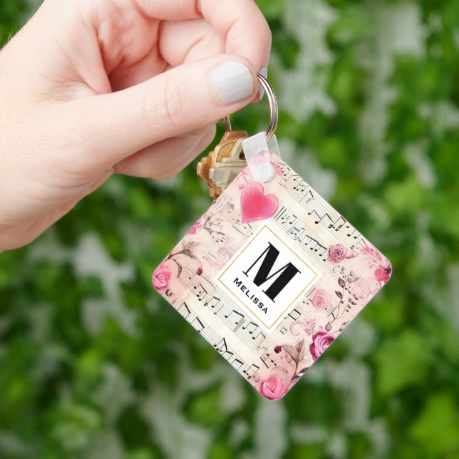 Musical Notes and Roses Vintage Monogram Keychain (Hand)