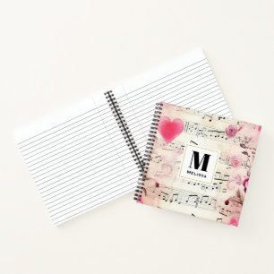 Musical Notes and Roses Vintage Monogram Notebook