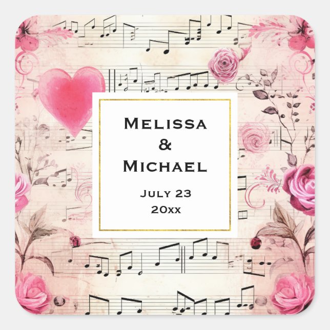 Musical Notes and Roses Vintage Wedding Square Sticker (Front)