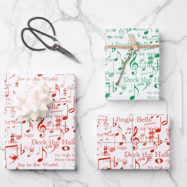 Musical Notes and Symbols, Christmas Carols Wrapping Paper Sheet (Front)