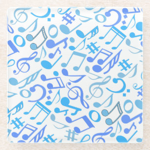 Musical Notes and symbols Pattern blue.b White Glass Coaster