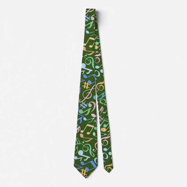 Musical Notes and symbols Pattern pastel.DGreen BG Tie (Front)
