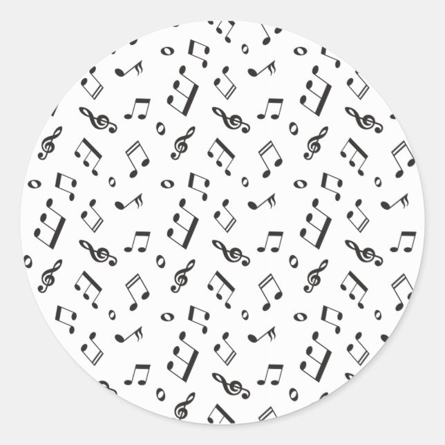 Musical Notes Black and White Classic Round Sticker (Front)