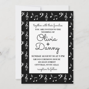 Musical Notes Black and White Wedding  Invitation