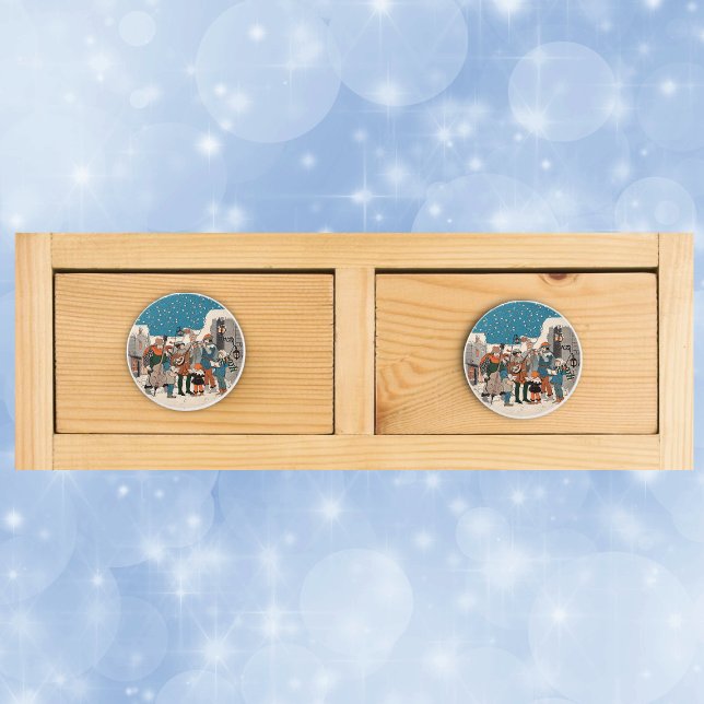 Musical Notes Christmas Carolers Stars Village Ceramic Knob (Group musicians Christmas carolers on old time street corner by lamp post on drawer knob pull.)