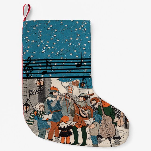 Musical Notes Christmas Carolers Stars Village Small Christmas Stocking (Front)