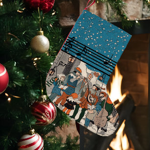 Musical Notes Christmas Carolers Stars Village Small Christmas Stocking