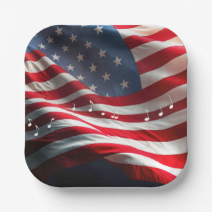 Musical Notes Floating On an American Flag Paper Plate