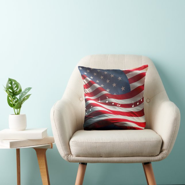Musical Notes Floating On an American Flag Throw Pillow (Chair)