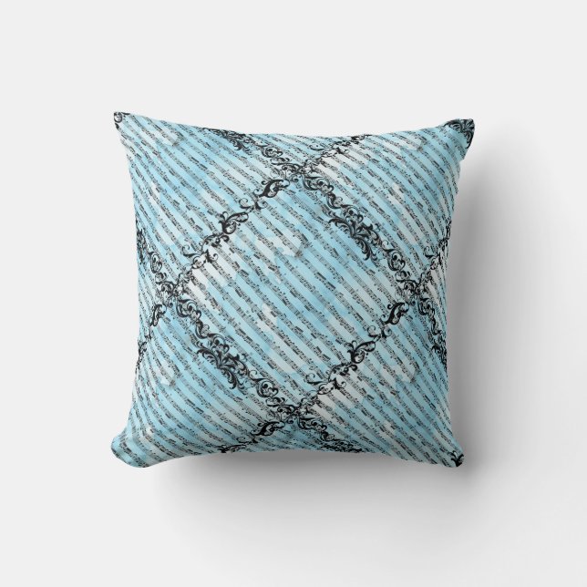 MUSICAL NOTES IN BLUE WITH BLACK FLORAL SWIRLS THROW PILLOW (Front)