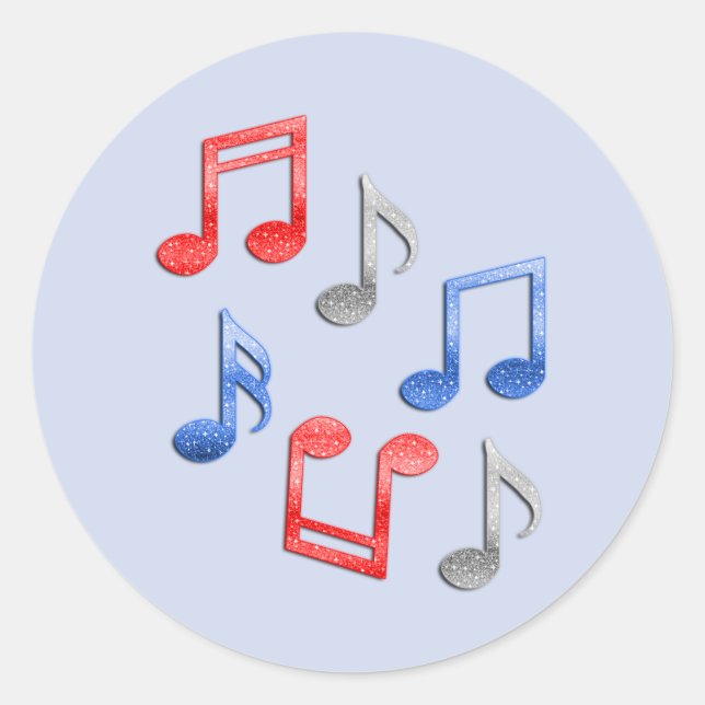 Musical Notes in Red Silver Blue Glitter Classic Round Sticker (Front)