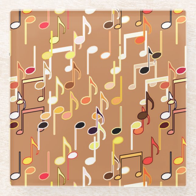 Musical Notes print - Caramel Tan, Multi Glass Coaster (Front)