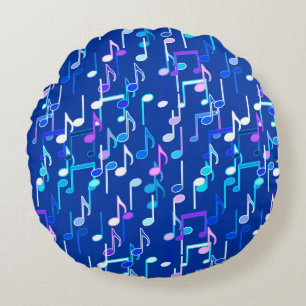Musical Notes print - indigo blue, multi Round Pillow