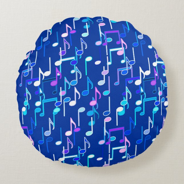 Musical Notes print - indigo blue, multi Round Pillow (Front)